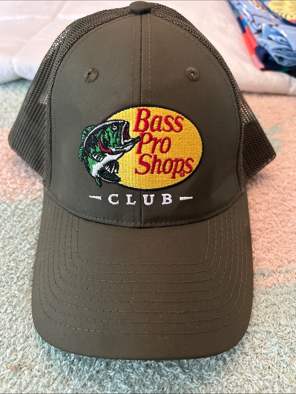 Bass Pro Shops Olive Trucker Hat with Yellow Logo Patch NWOT